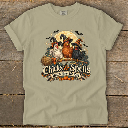 Three chickens in witch hats on a broomstick with text "Chicks & Spells".