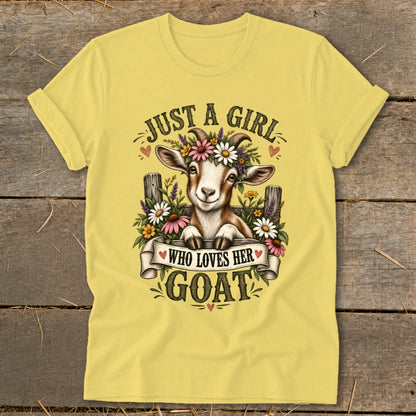 Yellow t-shirt with a goat wearing flowers and text "Just a girl who loves her goat".