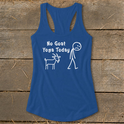 Blue tank top with "No Goat Yoga Today" text and stick figures.