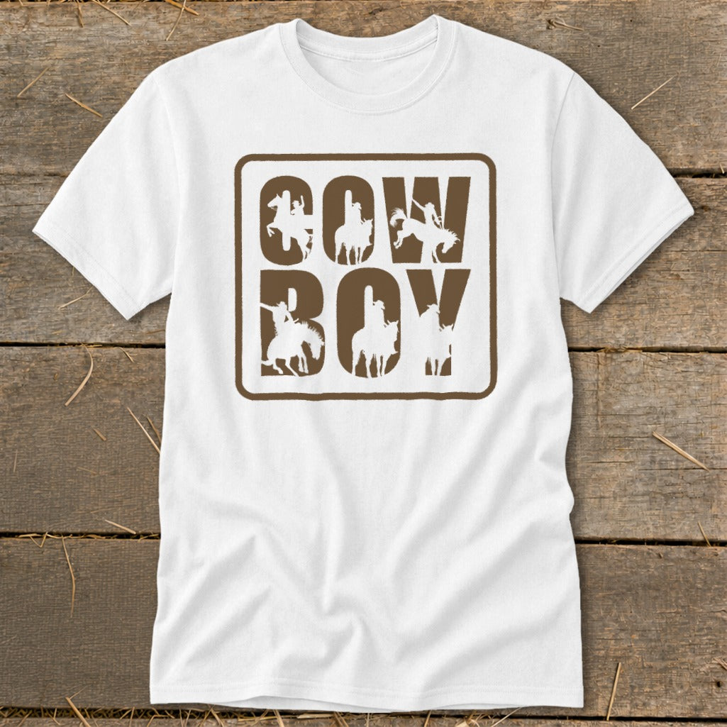 White t-shirt with "Cowboy" text and six horse-riding cowboy silhouettes.