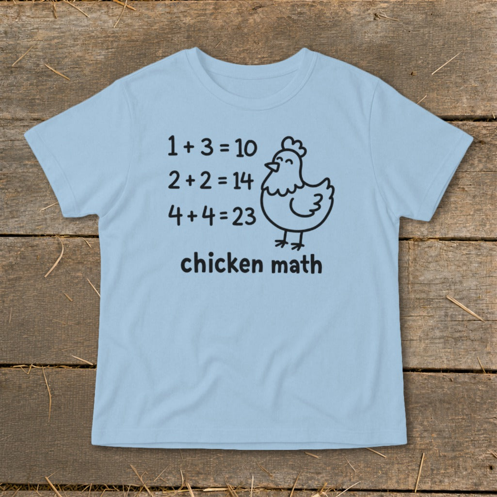 Light blue t-shirt with "chicken math" design featuring incorrect equations and a chicken illustration.