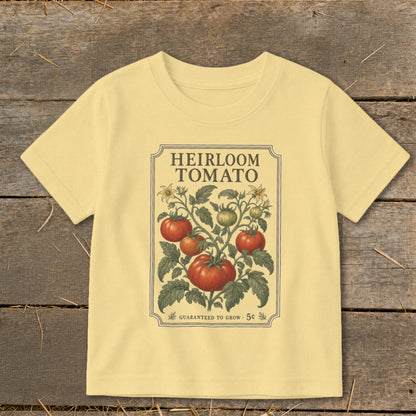 Yellow t-shirt with heirloom tomato graphic and text "Guaranteed to Grow - 5c".