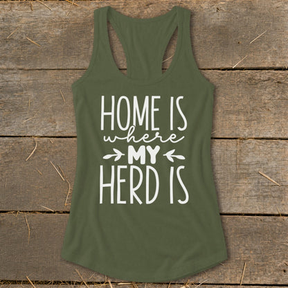 Green tank top with white text that reads "HOME IS where MY HERD IS".