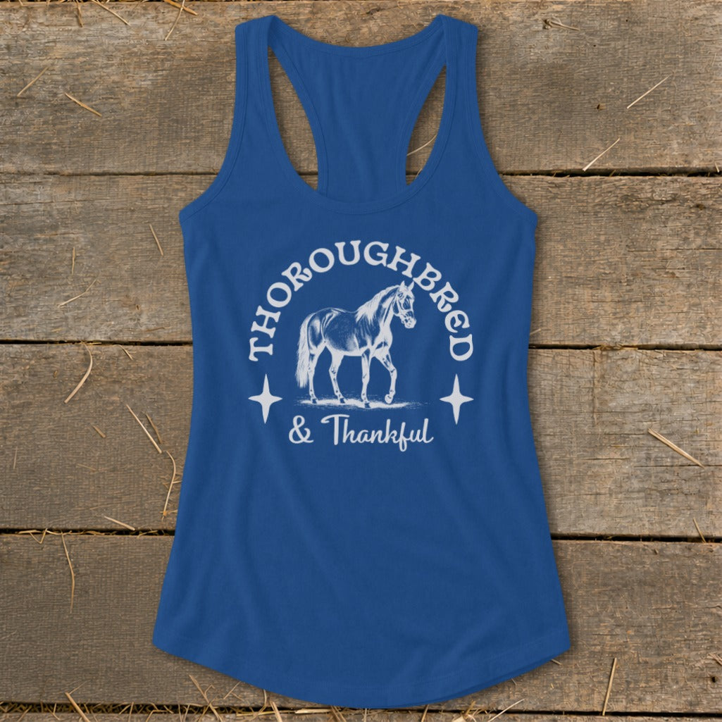 Royal blue tank top with "Thoroughbred & Thankful" text and horse graphic.