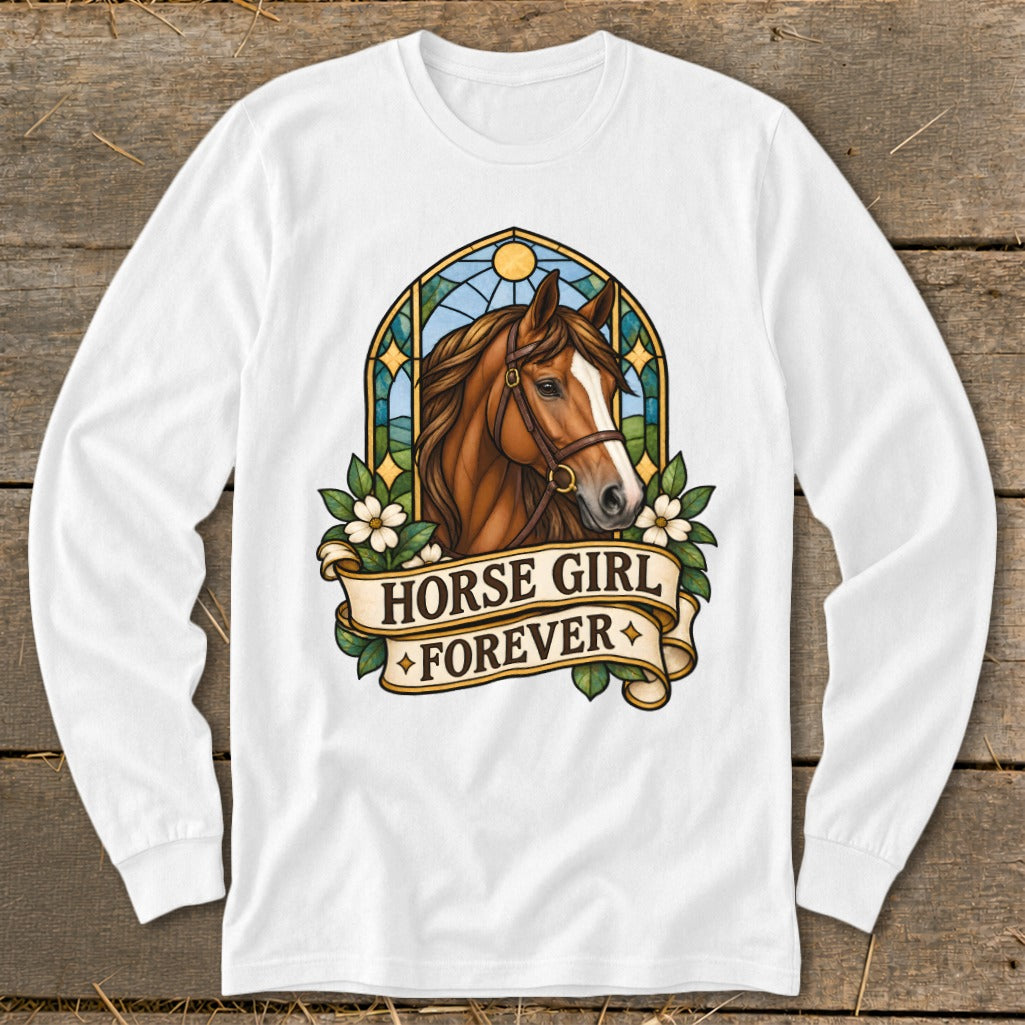 Brown horse portrait with "Horse Girl Forever" text on a stained-glass background.
