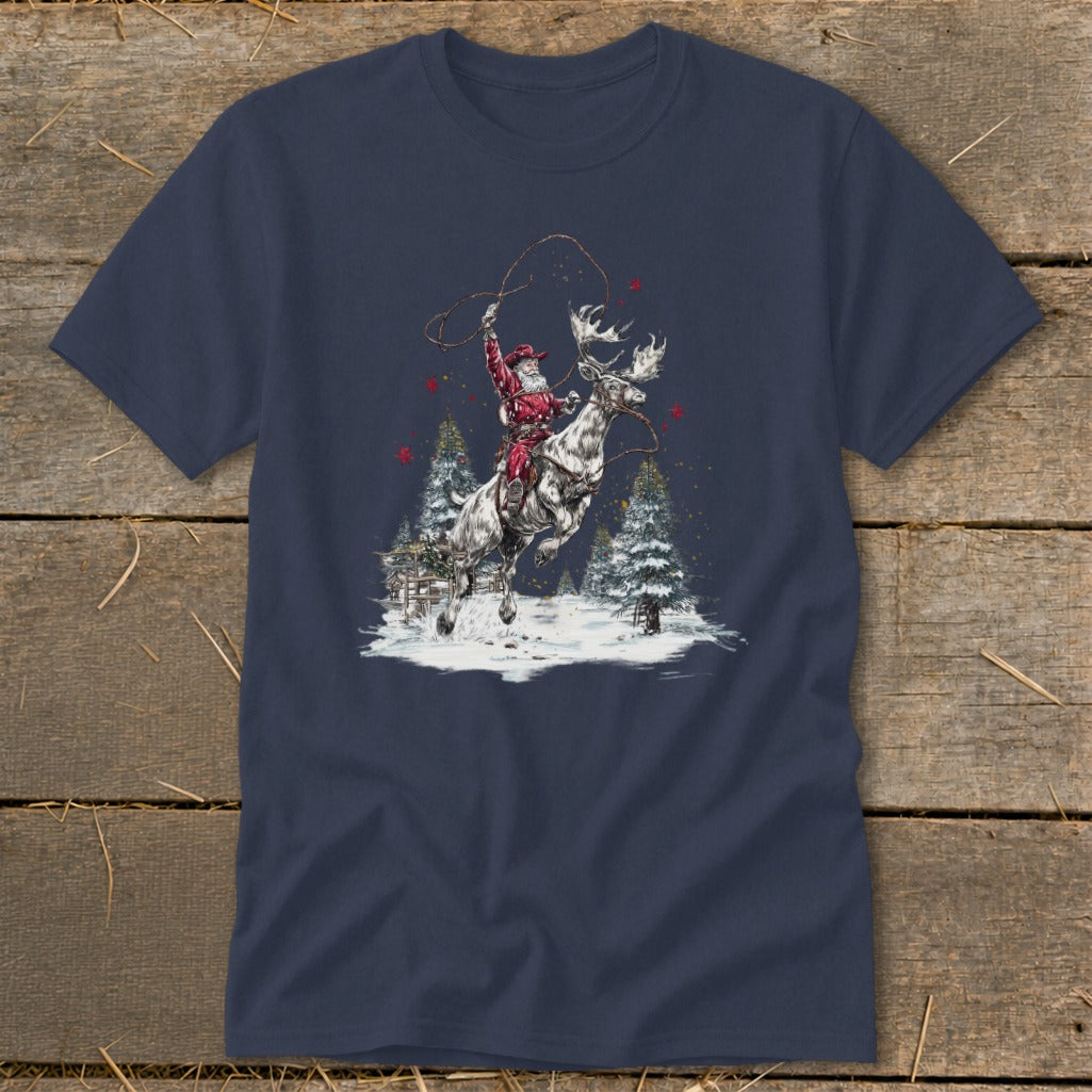 Santa in red riding a reindeer with a lasso in a snowy forest scene.
