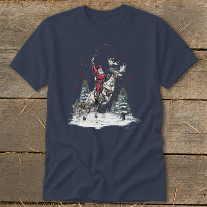 Santa in red riding a reindeer with a lasso in a snowy forest scene.