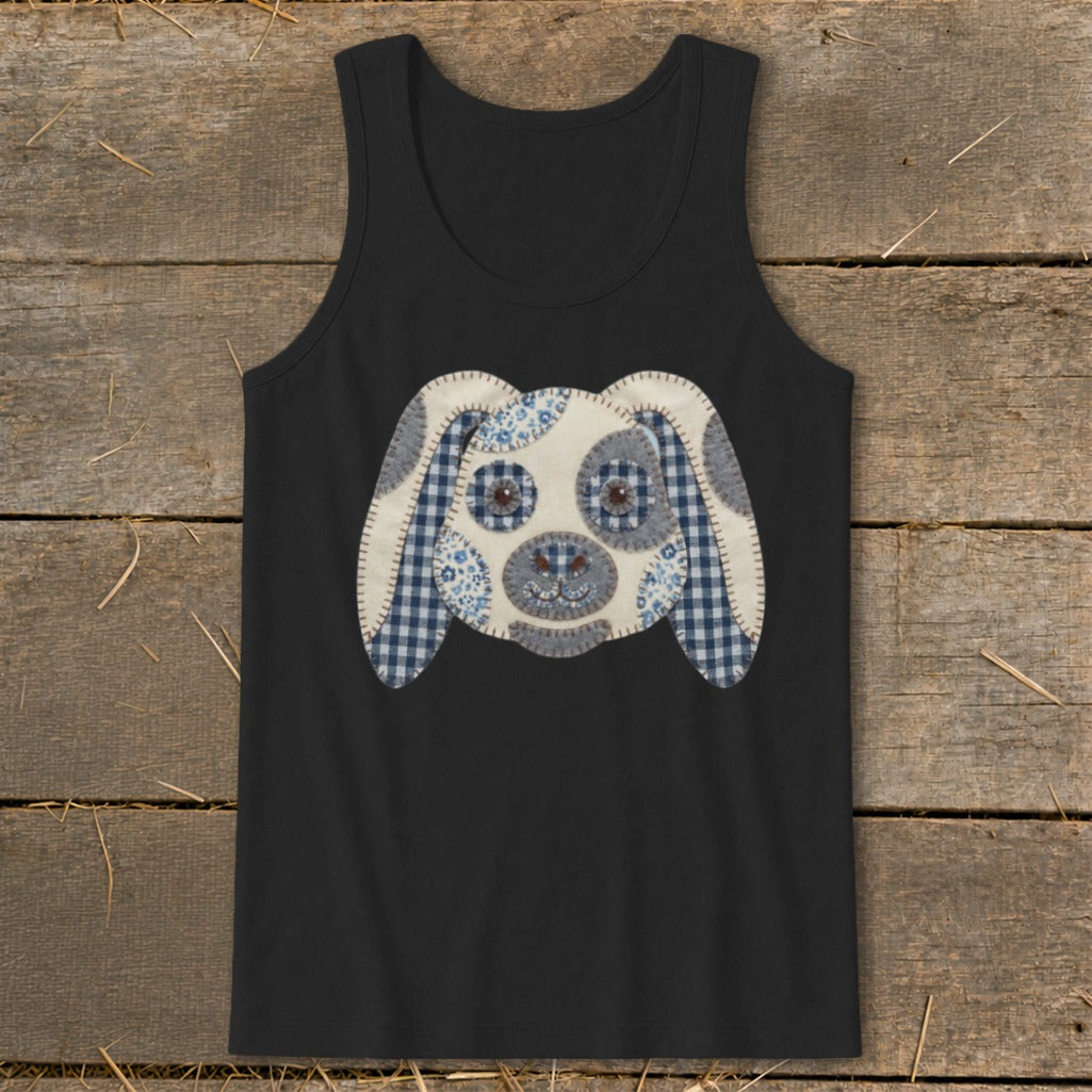 Black tank top with a blue gingham and floral fabric applique dog face.