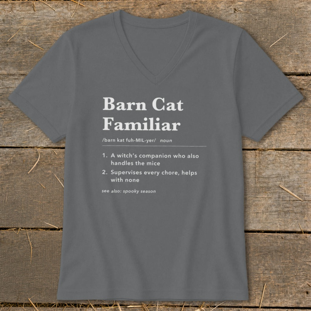 Gray v-neck t-shirt with "Barn Cat Familiar" definition text.