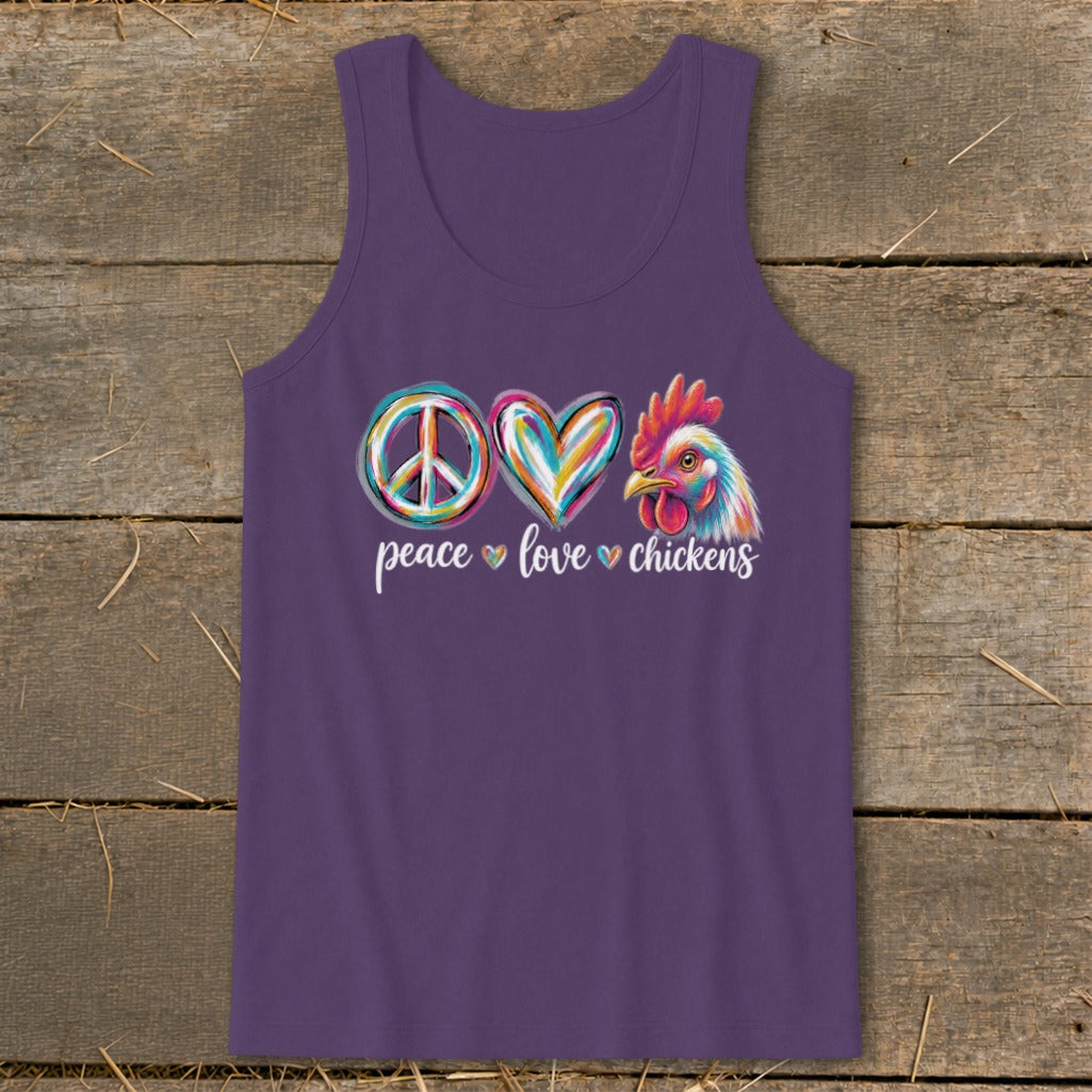 Purple tank top with a peace sign, heart, and chicken graphic with text "peace love chickens".