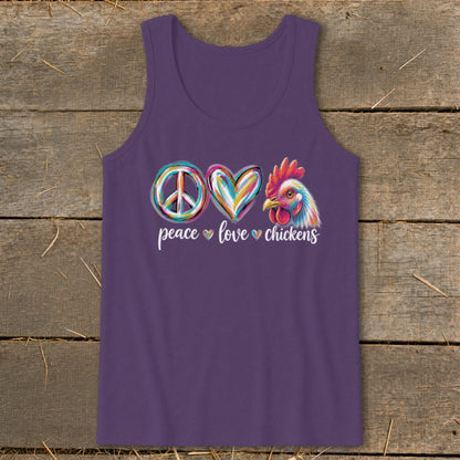 Purple tank top with a peace sign, heart, and chicken graphic with text "peace love chickens".