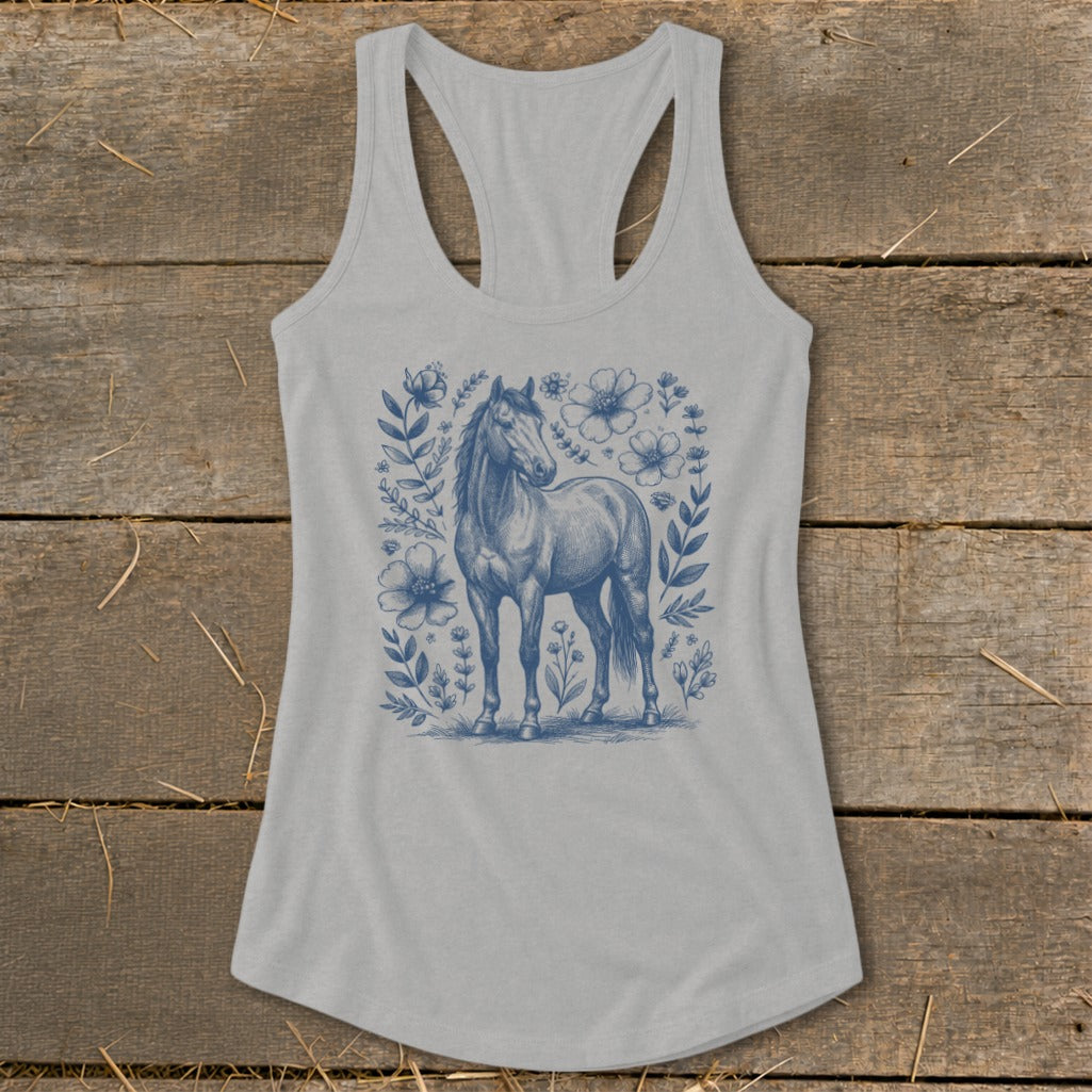 Light grey racerback tank top with blue horse and floral sketch graphic.