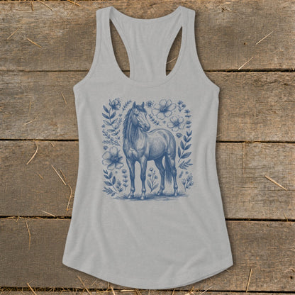 Light grey racerback tank top with blue horse and floral sketch graphic.