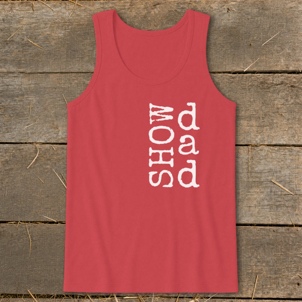 Red tank top with white text "SHOW dad" on the left chest.