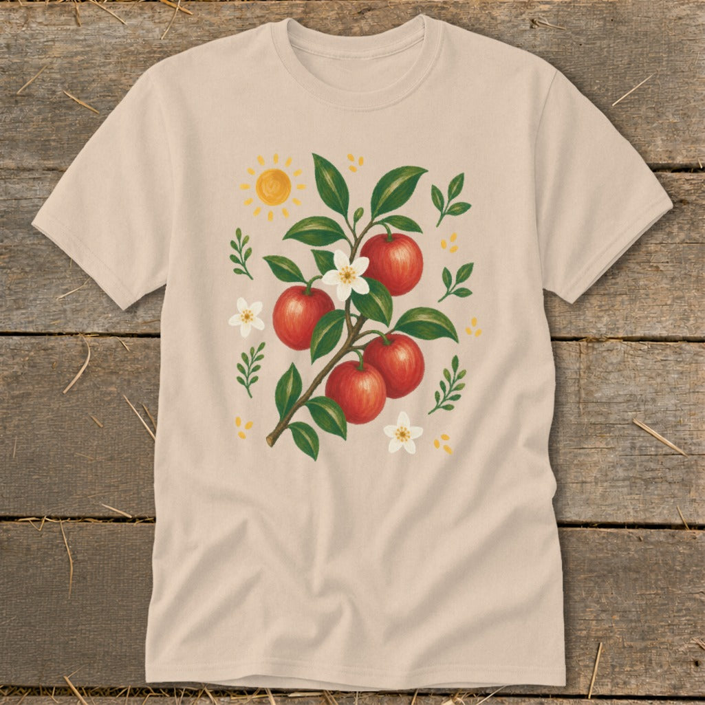 Light beige t-shirt with an illustration of red apples on a branch with flowers and sun.
