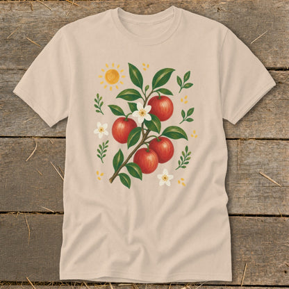 Light beige t-shirt with an illustration of red apples on a branch with flowers and sun.