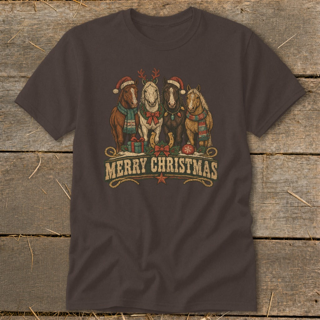Four horses wearing Santa hats and scarves, with "Merry Christmas" text.