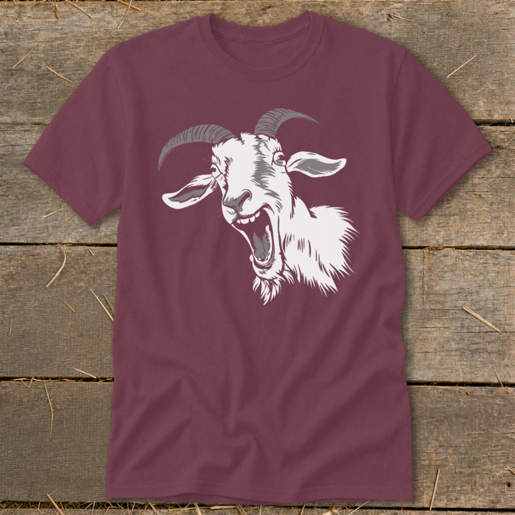 Maroon t-shirt with a white illustration of a screaming goat with horns.
