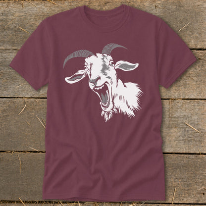 Maroon t-shirt with a white illustration of a screaming goat with horns.