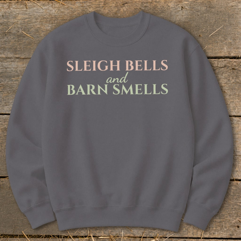 Gray sweatshirt with "Sleigh Bells and Barn Smells" text.