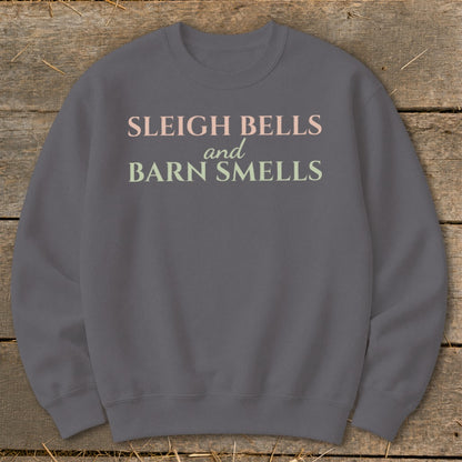 Gray sweatshirt with "Sleigh Bells and Barn Smells" text.