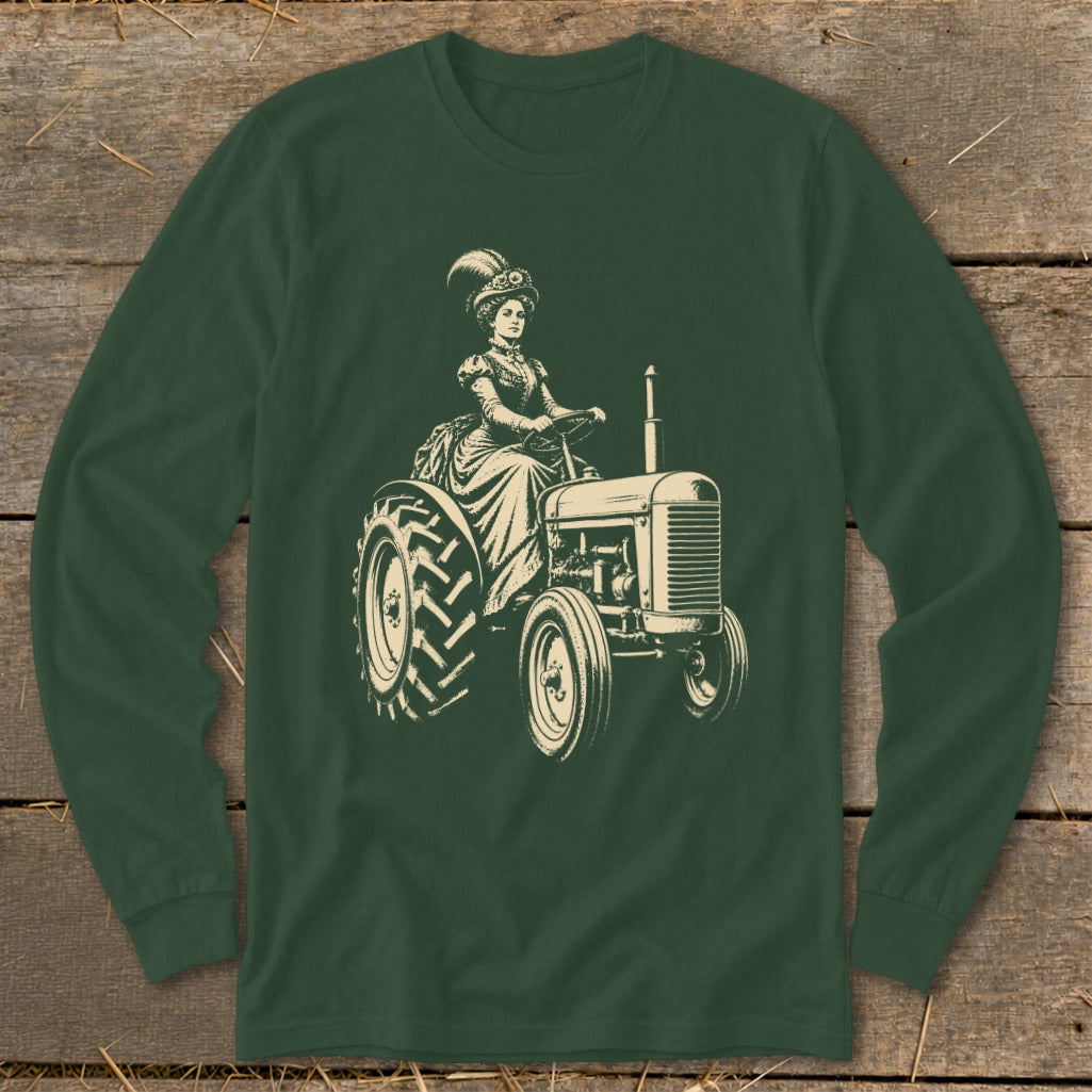 Vintage illustration of a woman in a feathered hat driving a tractor.
