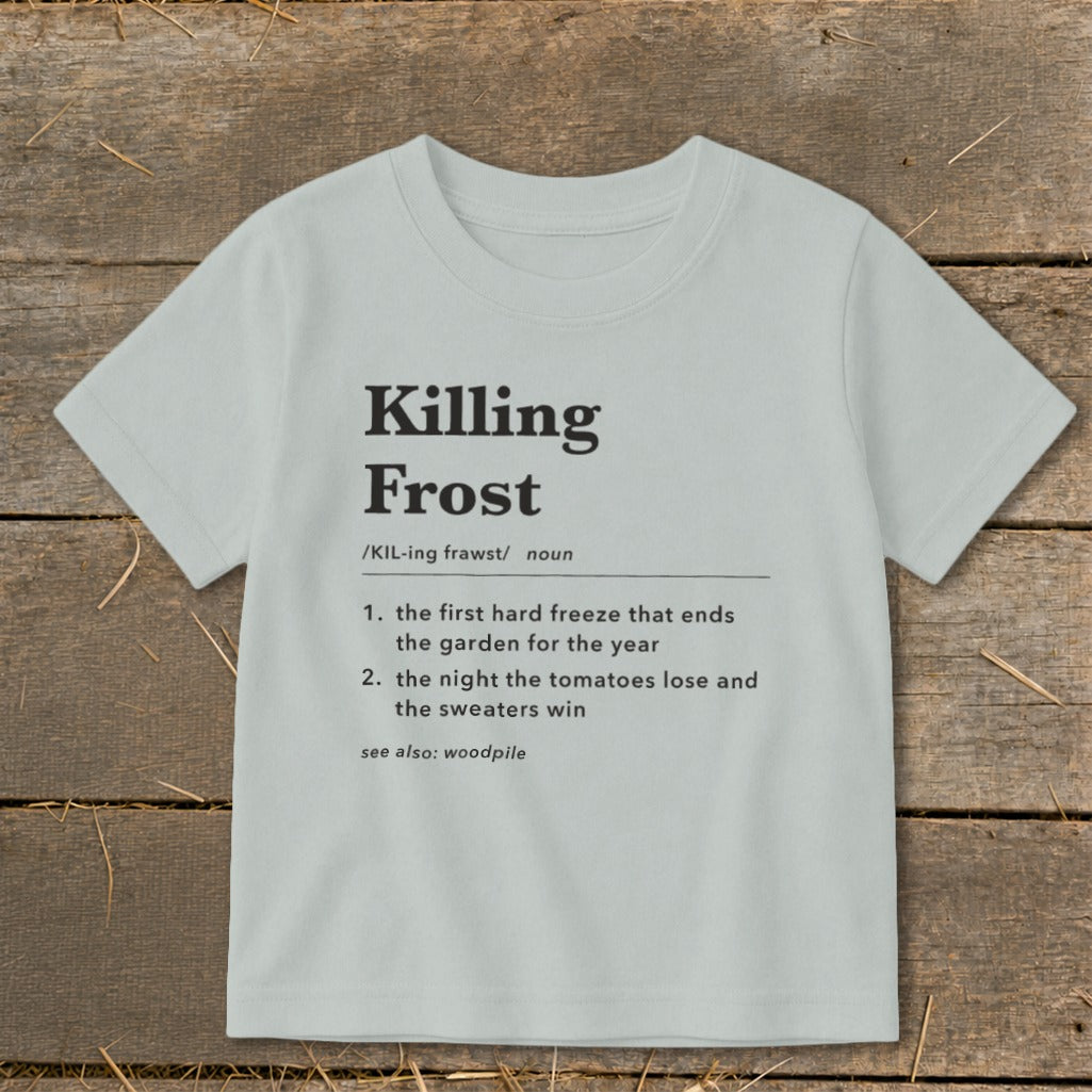 Light blue short-sleeved t-shirt featuring dictionary-style definitions for the term Killing Frost printed centrally in black.