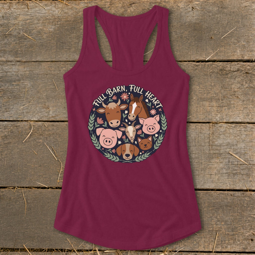 Maroon tank top with a circular farm animal graphic and text "FULL BARN, FULL HEART".