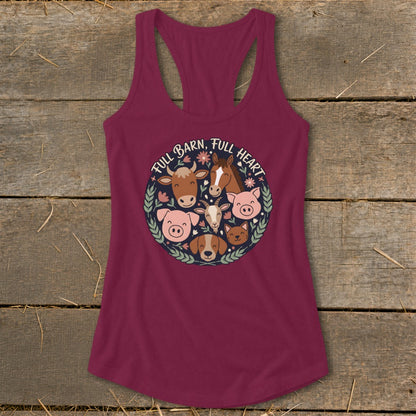 Maroon tank top with a circular farm animal graphic and text "FULL BARN, FULL HEART".