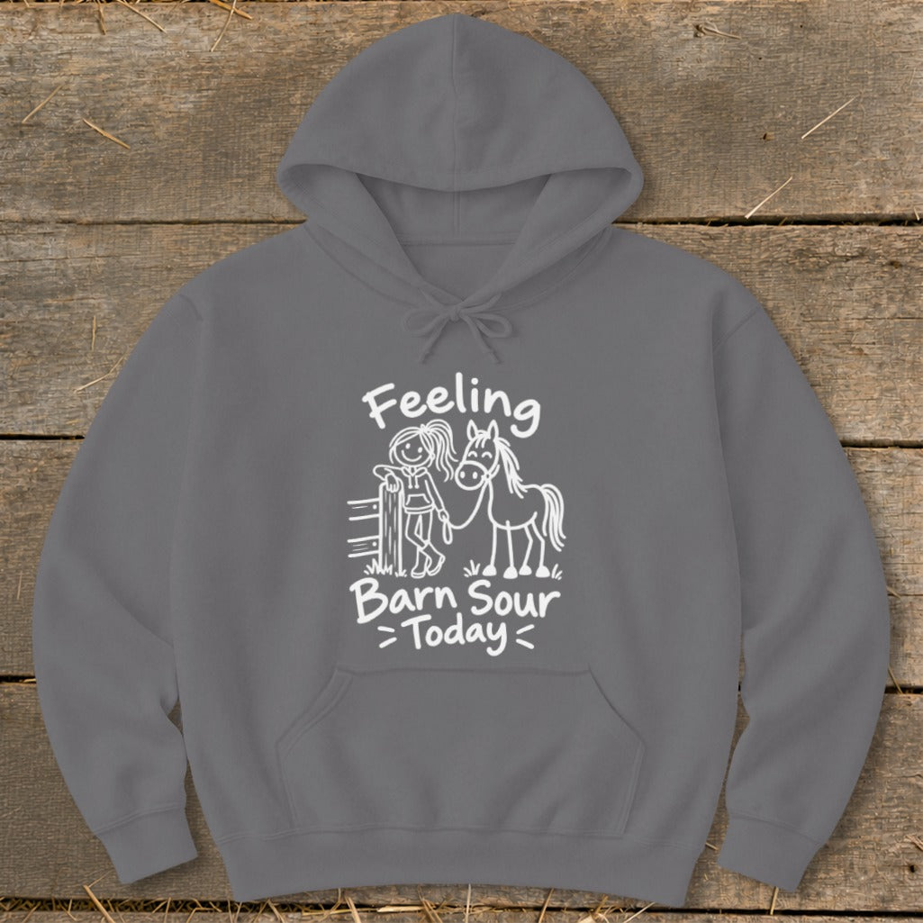 Gray hoodie with white cartoon of girl and horse, text reads "Feeling Barn Sour Today".