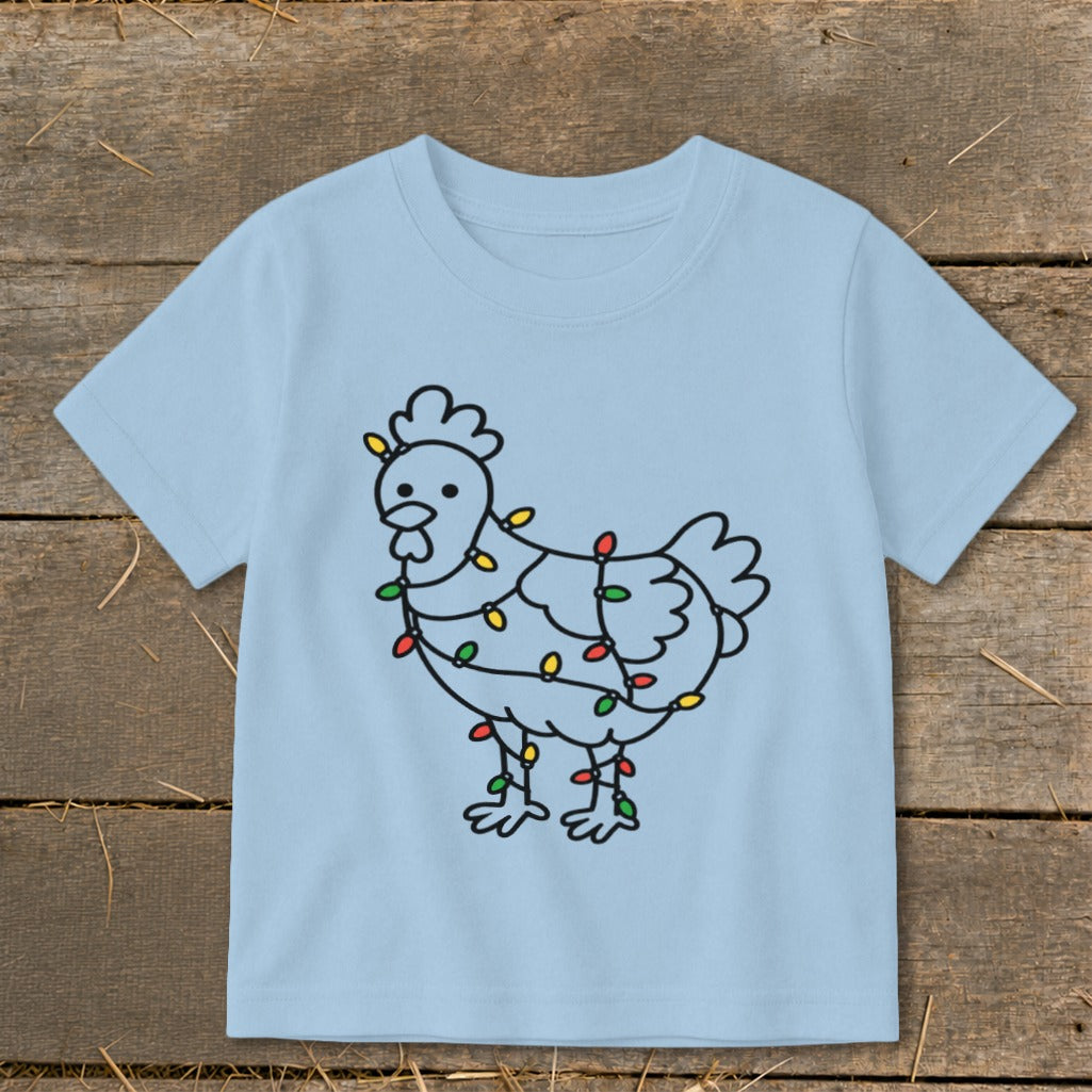 Light blue t-shirt with a drawing of a chicken wrapped in colorful Christmas lights.