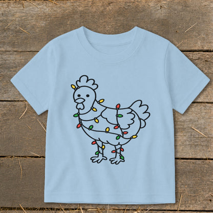 Light blue t-shirt with a drawing of a chicken wrapped in colorful Christmas lights.