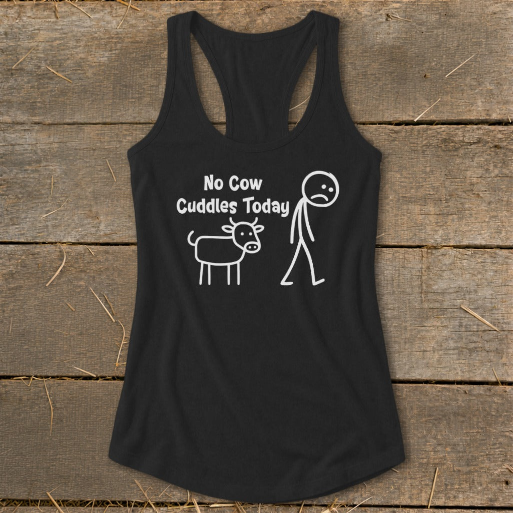 Black tank top with white text and cartoon cow and person graphic.