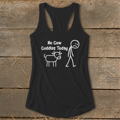 Black tank top with white text and cartoon cow and person graphic.