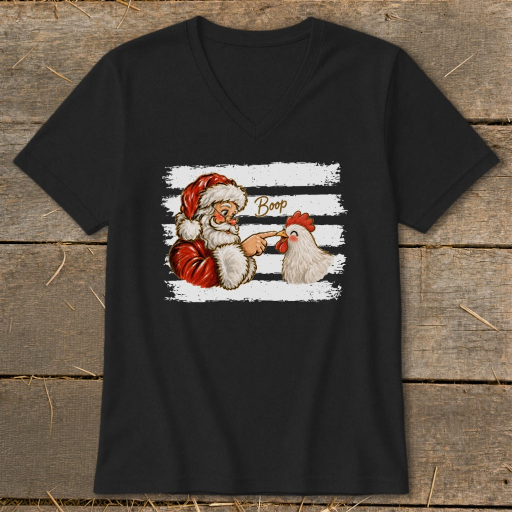 Santa booping a chicken, with the word "Boop" above.