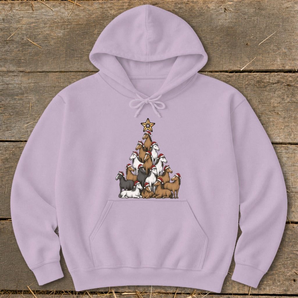 Light purple hoodie with a Christmas tree made of horses wearing Santa hats.