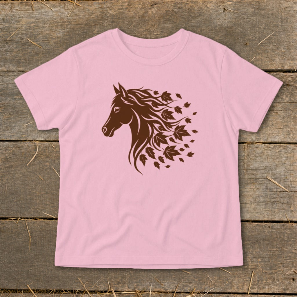 Pink t-shirt with a brown horse head design with flowing mane and autumn leaves.
