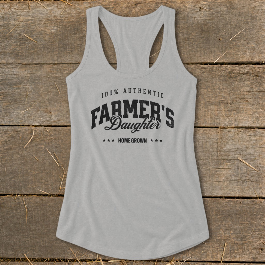 Grey racerback tank top with "Farmer's Daughter, Home Grown" text.