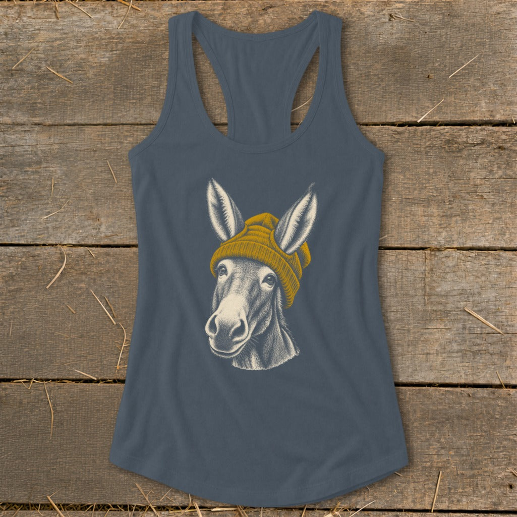 Donkey wearing a yellow beanie graphic on a charcoal grey tank top.
