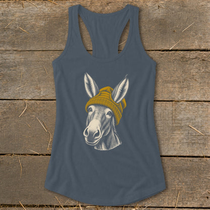 Donkey wearing a yellow beanie graphic on a charcoal grey tank top.