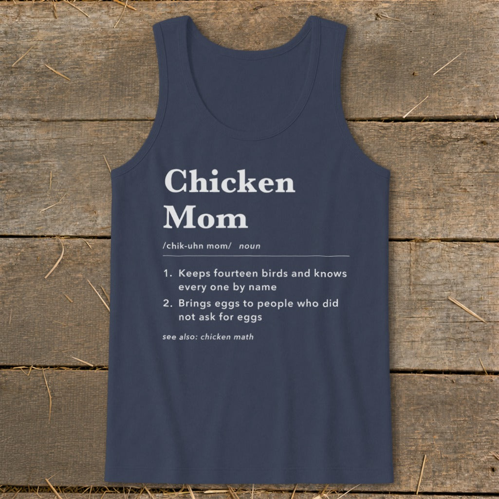 Navy tank top with "Chicken Mom" dictionary definition and humorous descriptions.