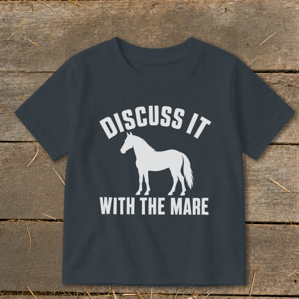 Dark grey t-shirt with white text and horse graphic: "Discuss It With The Mare".