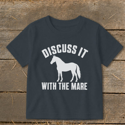 Dark grey t-shirt with white text and horse graphic: "Discuss It With The Mare".