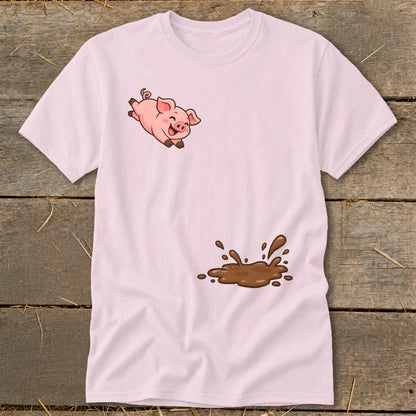 Pink t-shirt with cartoon pig jumping into a mud puddle design.