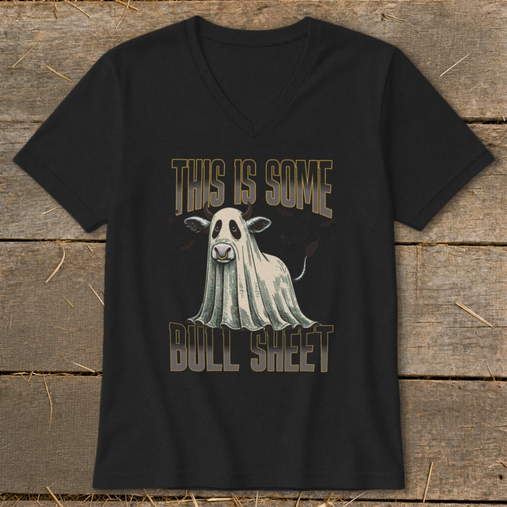 Black t-shirt with a cow dressed as a ghost and text "THIS IS SOME BULL SHEET."