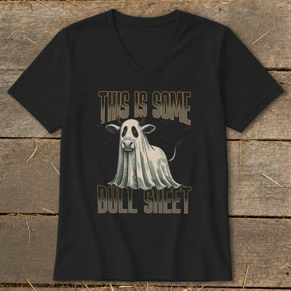Black t-shirt with a cow dressed as a ghost and text "THIS IS SOME BULL SHEET."