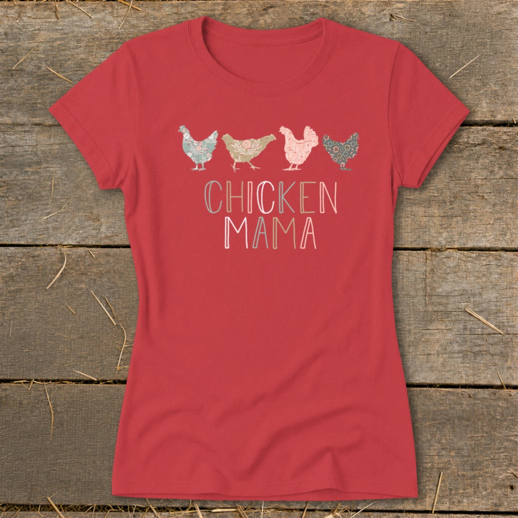 Red t-shirt with four patterned chickens and text that reads "CHICKEN MAMA".