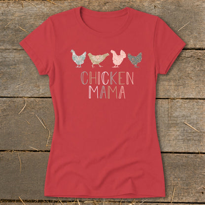Red t-shirt with four patterned chickens and text that reads "CHICKEN MAMA".