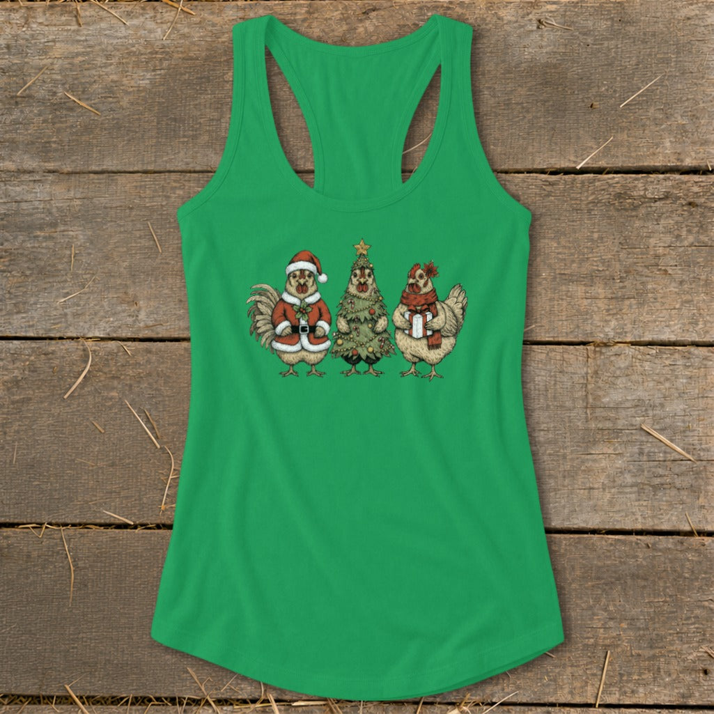 Green tank top with cartoon chickens dressed as Santa, a Christmas tree, and holding a gift.
