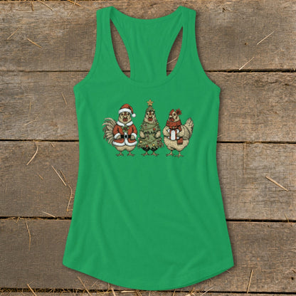 Green tank top with cartoon chickens dressed as Santa, a Christmas tree, and holding a gift.